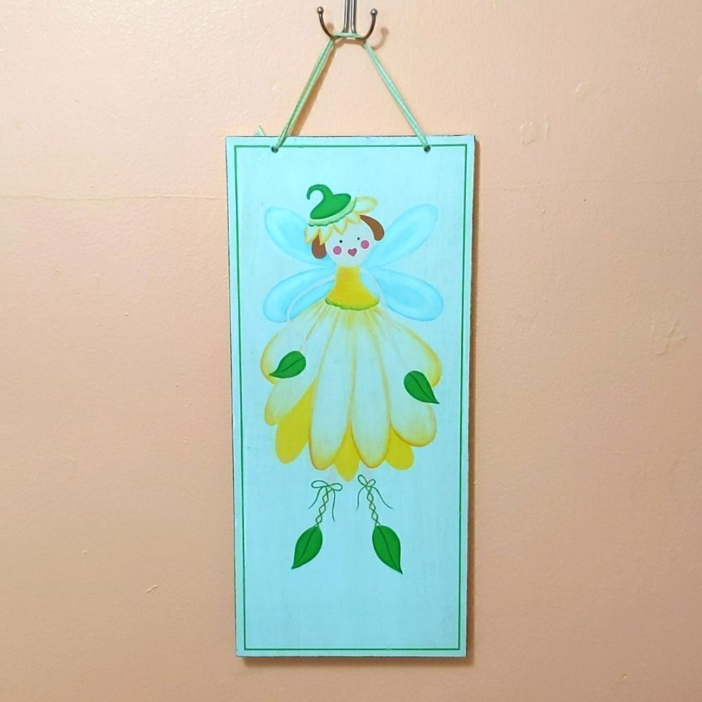 Pottery Barn Kids Wooden Flower Fairy Wall Art Antique White Wash 9"x 20"
